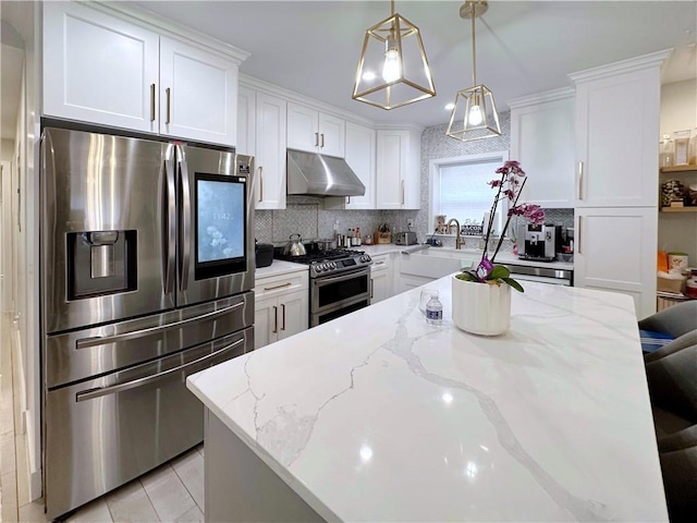 kitchen with stainless steel appliances, tasteful backsplash, white cabinets, and under cabinet range hood