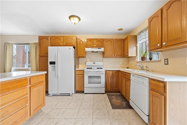 kitchen featuring white appliances, a healthy amount of sunlight, a sink, and under cabinet range hood