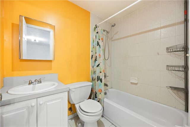 full bath with toilet, shower / bath combination with curtain, and vanity