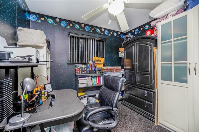 office featuring ceiling fan, carpet flooring, and wallpapered walls