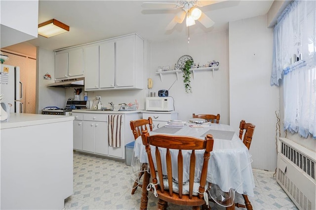 kitchen with white appliances, radiator heating unit, under cabinet range hood, and light floors