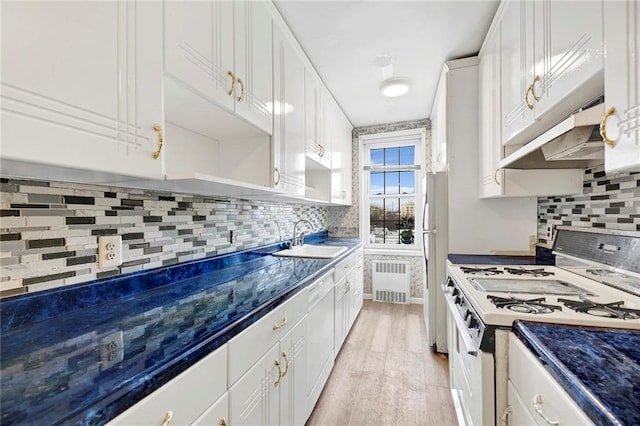 kitchen featuring white appliances, radiator, dark countertops, under cabinet range hood, and a sink