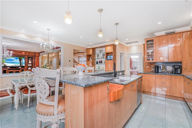 90 Giegerich Ave, Staten Island, NY 10307 - kitchen featuring a center island with sink, a sink, stainless steel dishwasher, recessed lighting, and glass insert cabinets