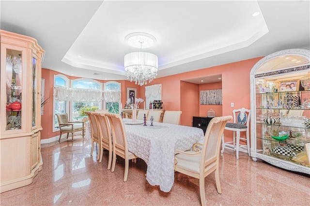 90 Giegerich Ave, Staten Island, NY 10307 - dining space with a tray ceiling, granite tiled floors, a chandelier, baseboards, and recessed lighting