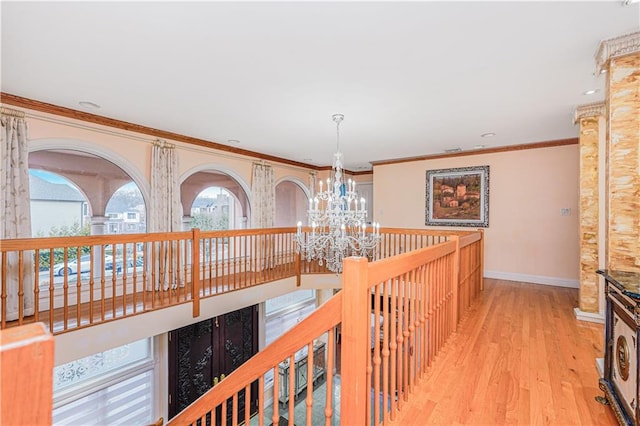 90 Giegerich Ave, Staten Island, NY 10307 - corridor featuring a chandelier, crown molding, light wood-style floors, baseboards, and recessed lighting