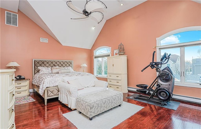 90 Giegerich Ave, Staten Island, NY 10307 - bedroom with wood finished floors, baseboard heating, high vaulted ceiling, and recessed lighting