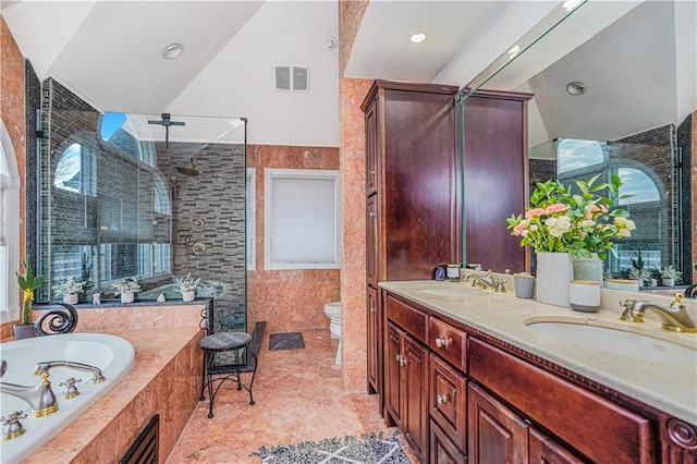 90 Giegerich Ave, Staten Island, NY 10307 - full bath with toilet, double vanity, a bath, tiled shower, and tile walls