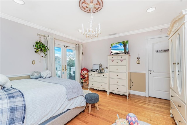 90 Giegerich Ave, Staten Island, NY 10307 - bedroom with access to exterior, light wood-type flooring, ornamental molding, a chandelier, and french doors
