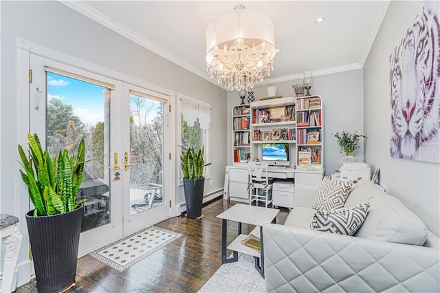 90 Giegerich Ave, Staten Island, NY 10307 - living area with wood finished floors, french doors, a desk, ornamental molding, and a chandelier