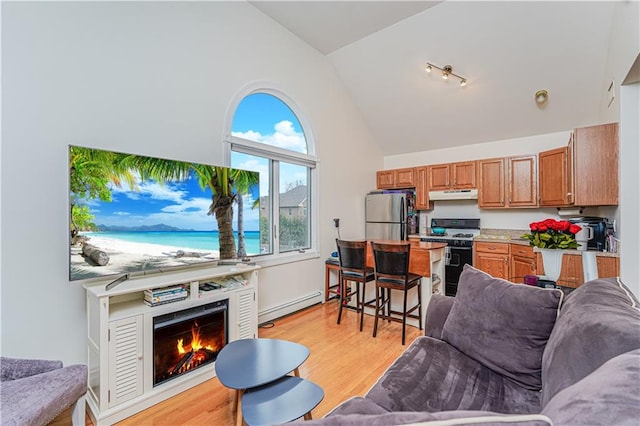 90 Giegerich Ave, Staten Island, NY 10307 - living area featuring a baseboard radiator, a lit fireplace, light wood finished floors, and high vaulted ceiling