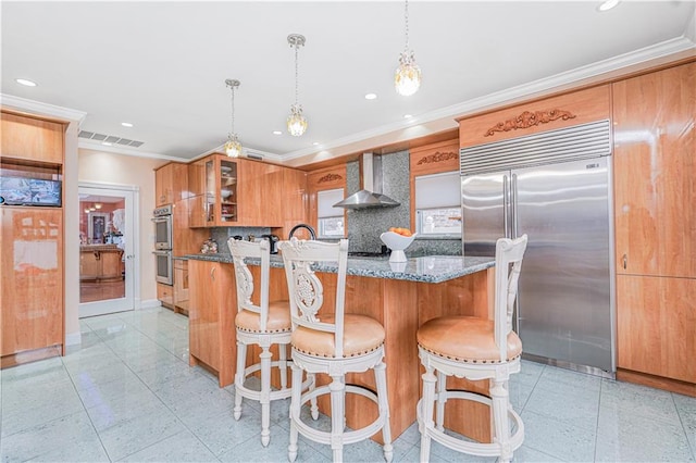 90 Giegerich Ave, Staten Island, NY 10307 - kitchen with stainless steel appliances, wall chimney range hood, crown molding, tasteful backsplash, and glass insert cabinets