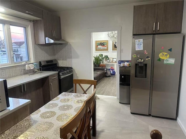 kitchen featuring under cabinet range hood, decorative backsplash, dark brown cabinets, and stainless steel appliances