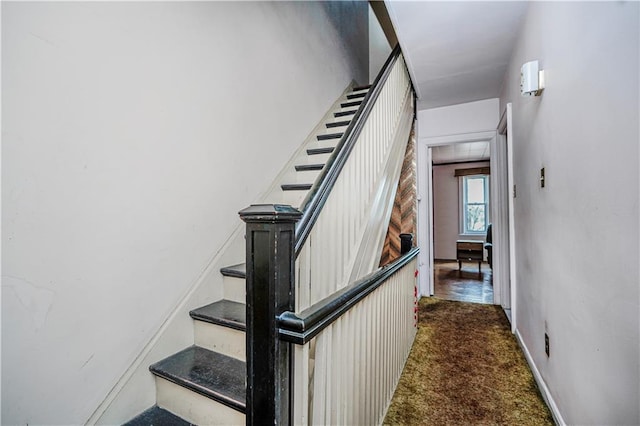 stairway with baseboards and carpet floors