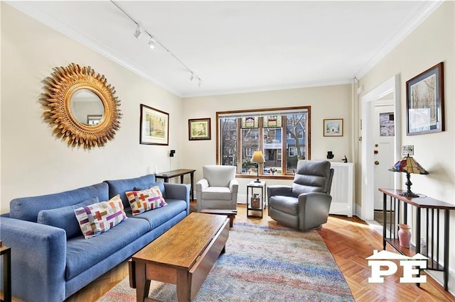 living room with ornamental molding and rail lighting