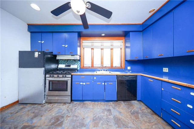 kitchen featuring stainless steel range with gas stovetop, freestanding refrigerator, a sink, under cabinet range hood, and dishwasher