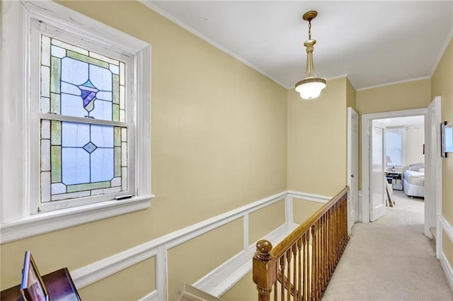 hallway featuring a wainscoted wall, an upstairs landing, carpet, and crown molding