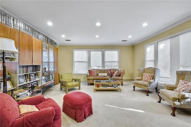 living area with recessed lighting, carpet flooring, crown molding, and baseboards