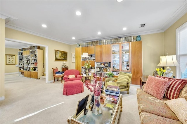 living room with recessed lighting, light carpet, and crown molding