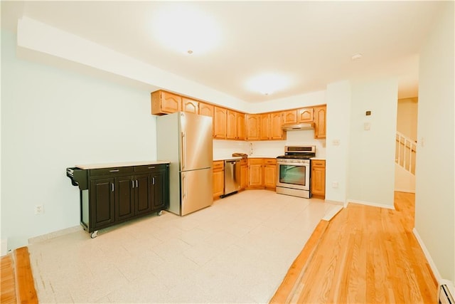 kitchen with a baseboard heating unit, baseboards, under cabinet range hood, light countertops, and stainless steel appliances