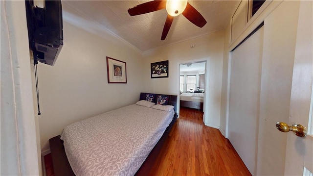 bedroom featuring a closet, ornamental molding, ceiling fan, and wood finished floors