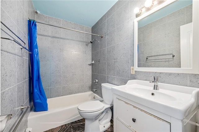 bathroom featuring shower / bath combo with shower curtain, toilet, and vanity