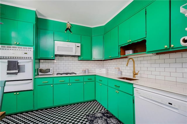 kitchen featuring a sink, ornamental molding, white appliances, a warming drawer, and open shelves