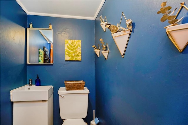 bathroom with toilet, crown molding, and a sink