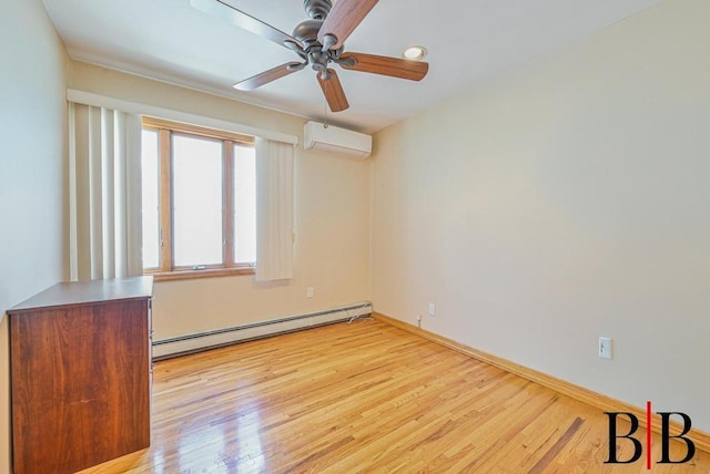 empty room featuring a wall unit AC, baseboards, light wood finished floors, ceiling fan, and a baseboard heating unit