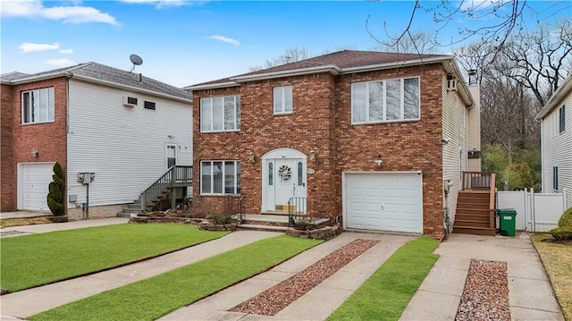 view of front of house with brick siding, an attached garage, concrete driveway, and fence