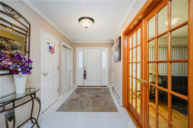 entryway with crown molding, french doors, and a baseboard radiator