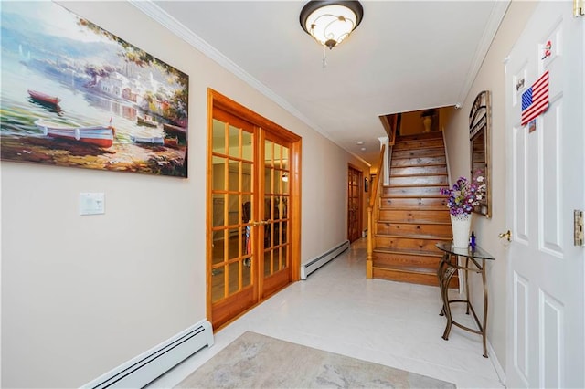 corridor featuring a baseboard radiator, crown molding, and stairway