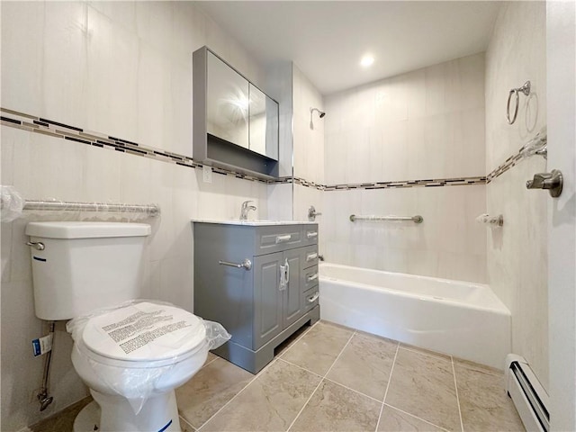 full bathroom with a baseboard heating unit, shower / tub combination, toilet, and vanity