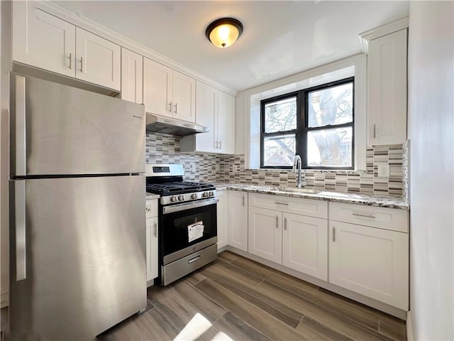 kitchen featuring under cabinet range hood, light stone counters, decorative backsplash, appliances with stainless steel finishes, and a sink