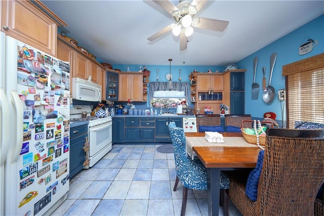 kitchen featuring open shelves, ceiling fan, light tile patterned flooring, white appliances, and a sink