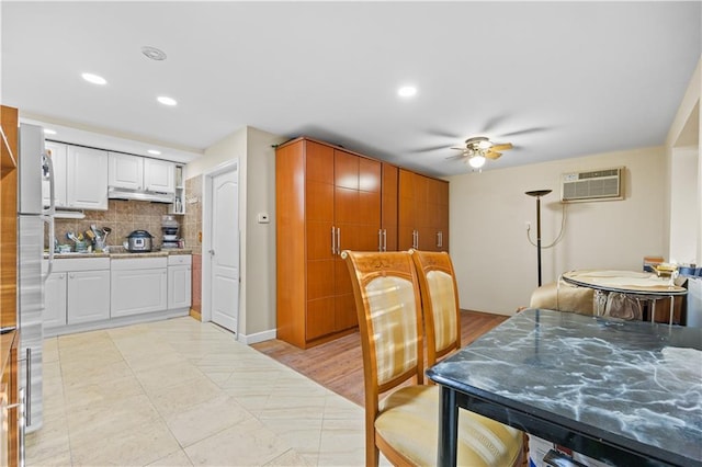 dining area with recessed lighting, a ceiling fan, and a wall mounted AC