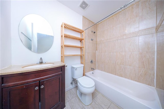 bathroom with vanity, bathing tub / shower combination, toilet, and visible vents