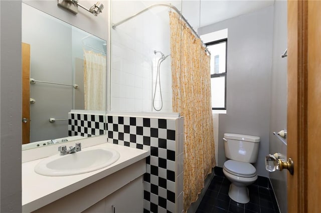 full bathroom with vanity, a shower with curtain, tile patterned flooring, tile walls, and toilet