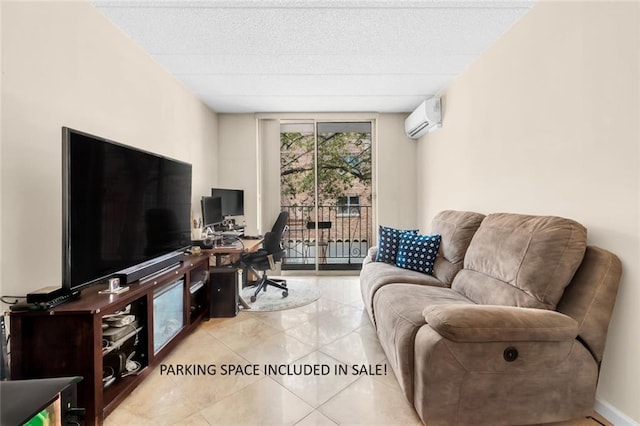 office space featuring tile patterned flooring, a textured ceiling, and a wall mounted AC