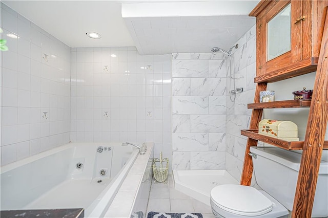 bathroom featuring tiled shower, recessed lighting, a whirlpool tub, tile patterned floors, and toilet