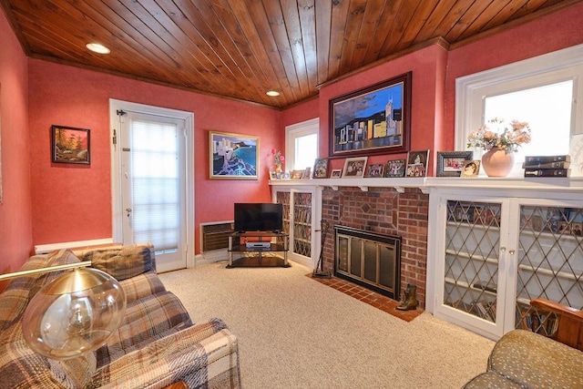 carpeted living area with wooden ceiling, a brick fireplace, recessed lighting, and a wealth of natural light