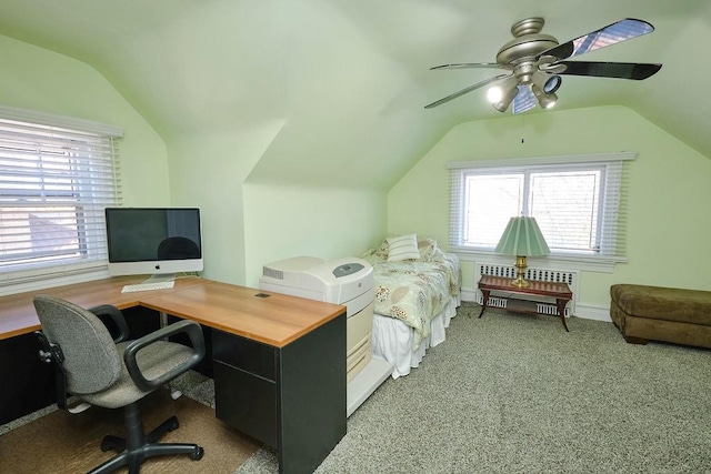 carpeted bedroom with lofted ceiling, radiator, and ceiling fan