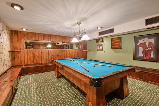 recreation room with billiards, wooden walls, and visible vents