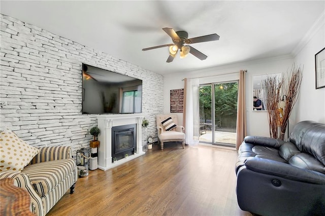 living room with a glass covered fireplace, crown molding, ceiling fan, and wood finished floors