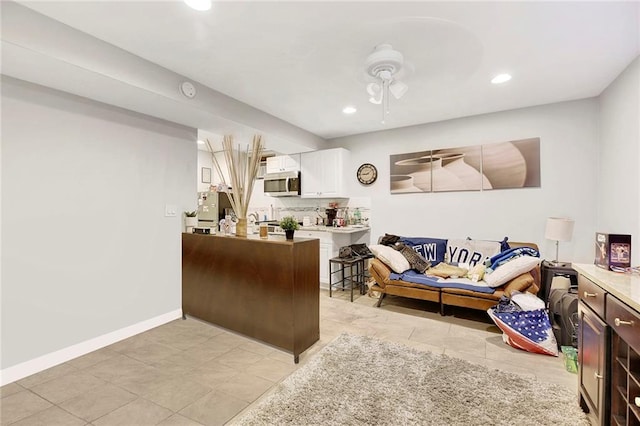 home office with recessed lighting, baseboards, and ceiling fan