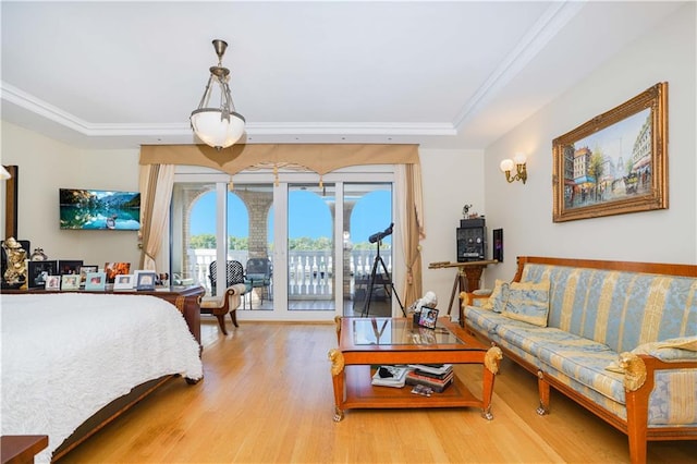 bedroom with access to exterior, a raised ceiling, and wood finished floors