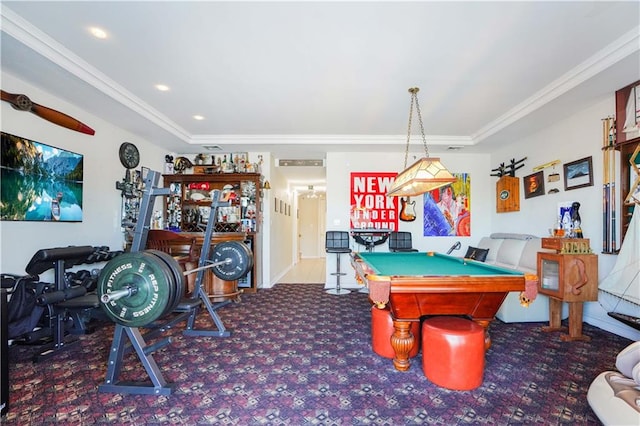 rec room featuring recessed lighting, pool table, carpet, and a tray ceiling