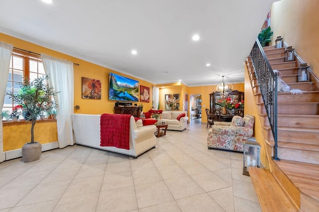 living room with recessed lighting, stairway, light tile patterned flooring, crown molding, and a chandelier