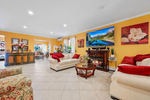 living room featuring a wall mounted air conditioner, recessed lighting, ornamental molding, and light tile patterned flooring