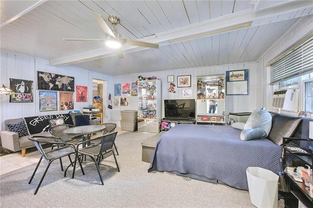 bedroom with carpet floors, wood walls, ceiling fan, cooling unit, and wooden ceiling