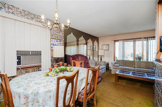 carpeted dining area with a chandelier and a wall unit AC